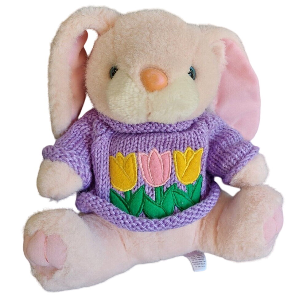 Sugarloaf Bunny Plush Stuffed Animal w/ Purple Knit Sweater & Tulip Flower